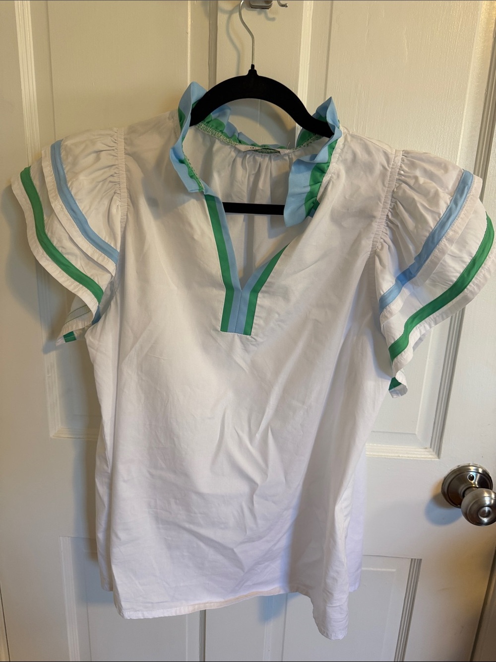 White Flutter Sleeve Blouse with Green & Light Blue Trim